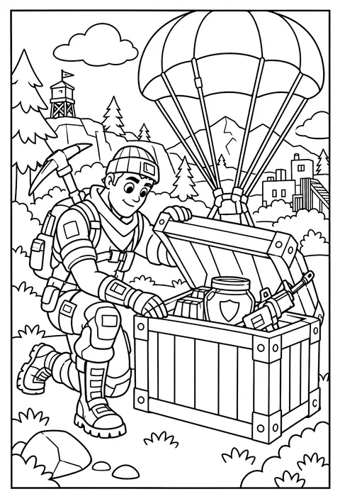 A Fortnite character opening a supply crate that just landed with a parachute coloring page