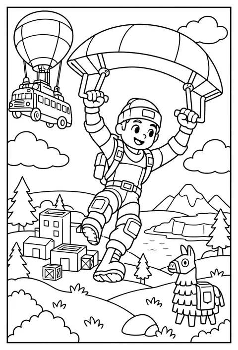 A Fortnite character parachuting from the Battle Bus with a colorful glider open in the sky coloring page