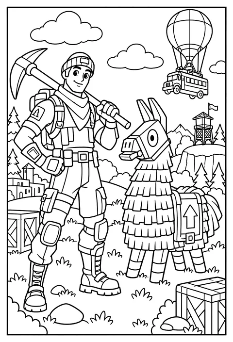 A Fortnite character posing next to a big rotating llama statue coloring page