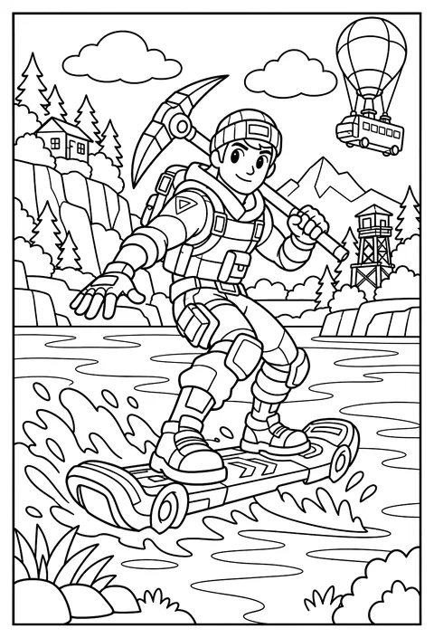 A Fortnite character riding a colorful driftboard across a lake coloring page