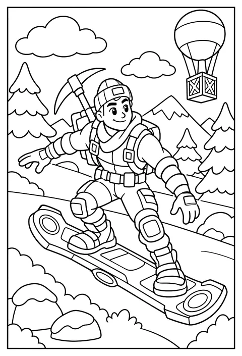 A Fortnite character riding a driftboard through a snowy field coloring page