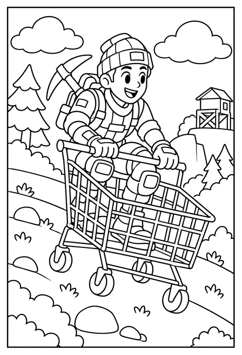 A Fortnite character riding a shopping cart down a hill coloring page