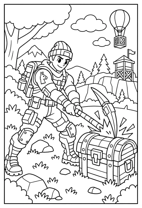 A Fortnite character swinging a pickaxe to pop open a treasure chest coloring page