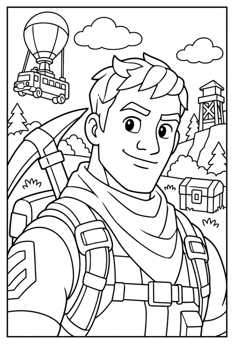 A close-up portrait of a Fortnite character's helmet and backpack straps coloring page