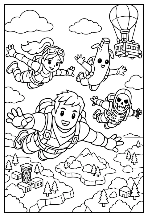 Four Fortnite characters skydiving together in formation coloring page