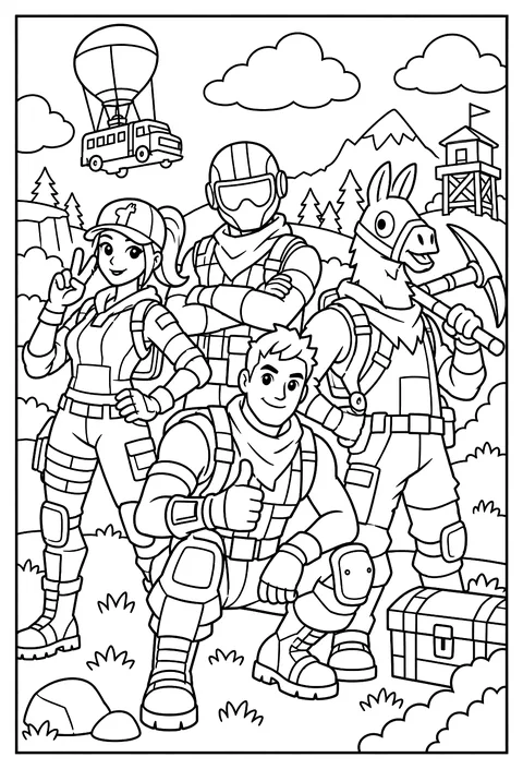 A group pose of four Fortnite characters in different colorful outfits coloring page