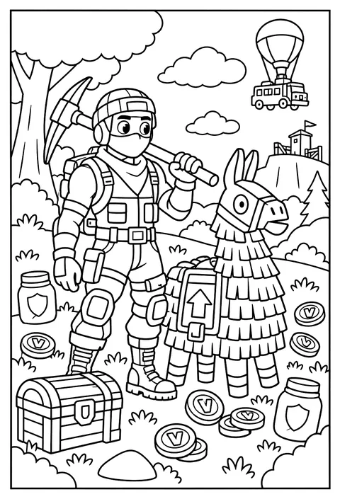A Fortnite Loot Llama piñata surrounded by scattered coins and shields coloring page