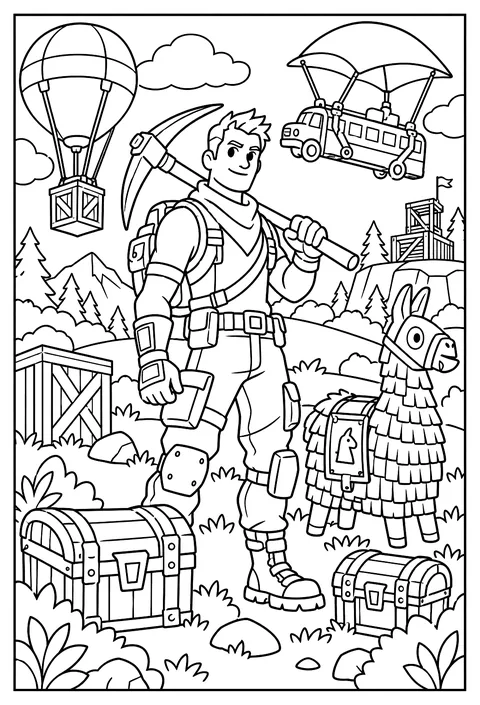 A pattern page of pickaxes, llamas, chests and gliders coloring page