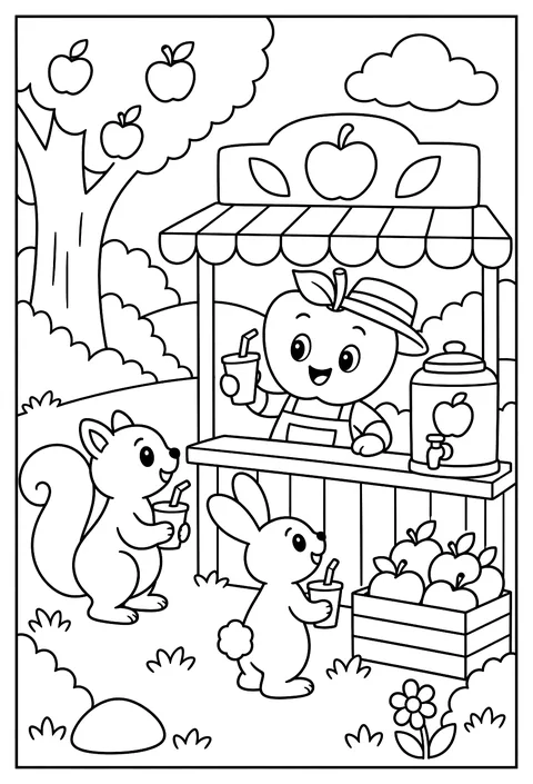 An apple running a juice bar with a straw hat coloring page
