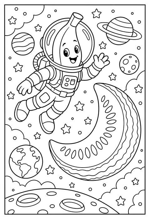 A banana astronaut floating past a moon-shaped melon coloring page