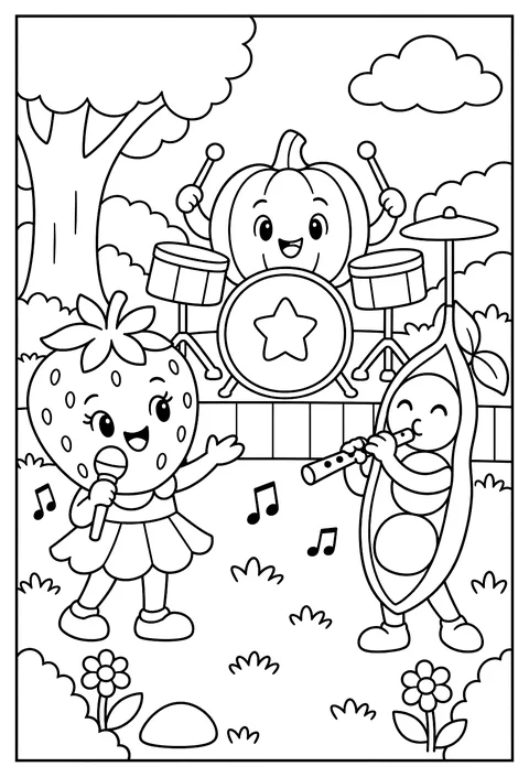 A fruit band: strawberry singer, drum pumpkin, pea flute coloring page