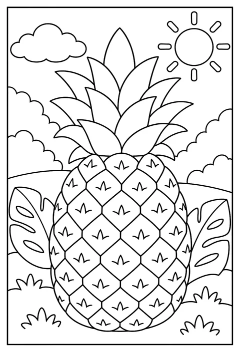 Close-up of a pineapple with its skin drawn as a pattern coloring page