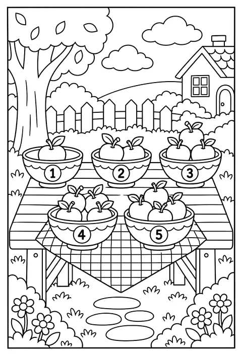 Count-and-color: five bowls with 1 to 5 apples coloring page