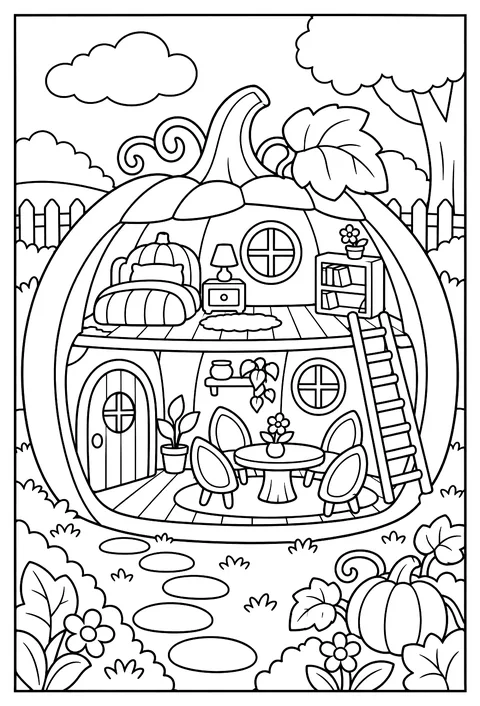 Cutaway of a pumpkin house with seeds as chairs coloring page