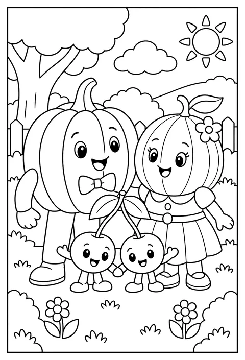 A fruit family portrait: big pumpkin dad, melon mom, cherry twins coloring page