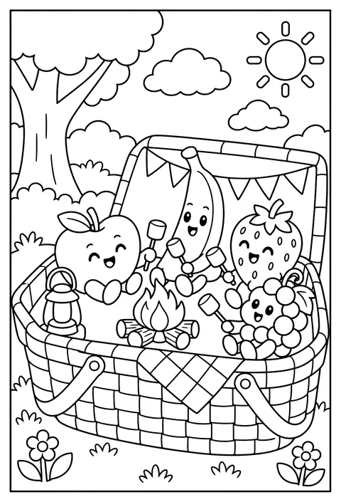 Fruits camping in a picnic basket coloring page