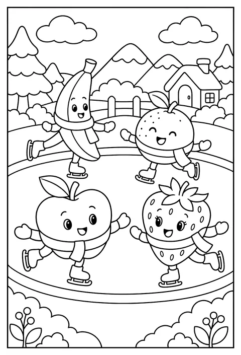 Fruits ice skating on a frozen plate coloring page