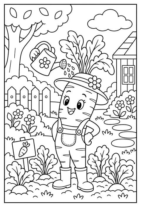 A gardener carrot watering itself coloring page