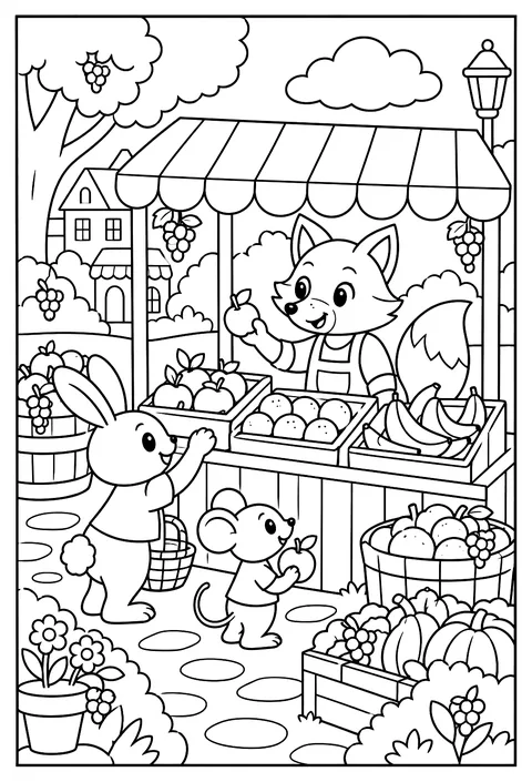 Hidden-object page: a market stall with 12 hidden grapes coloring page