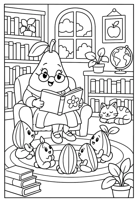 A librarian pear reading to seeds coloring page