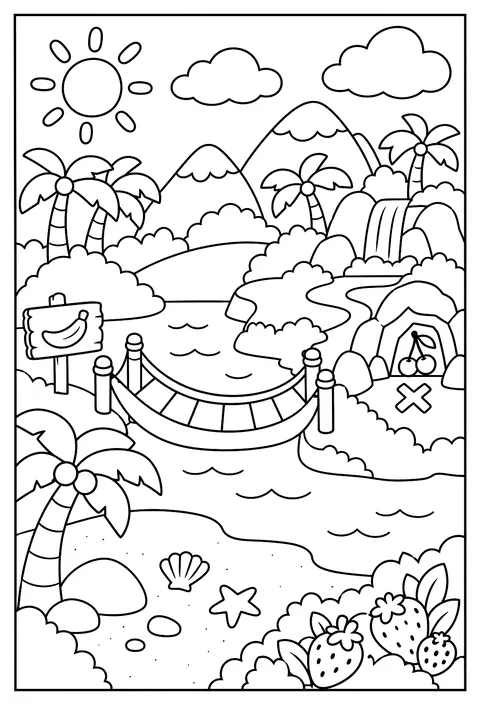 A map of Fruit Island with a berry beach, a banana bridge and a hidden cherry coloring page