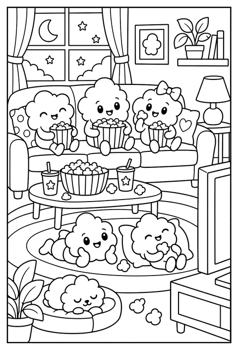 A movie night of popcorn kernels coloring page