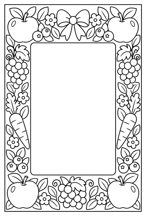A page-border pattern of apples, grapes, carrots and berries around an empty frame coloring page