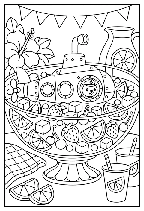 A submarine in a bowl of fruit punch coloring page