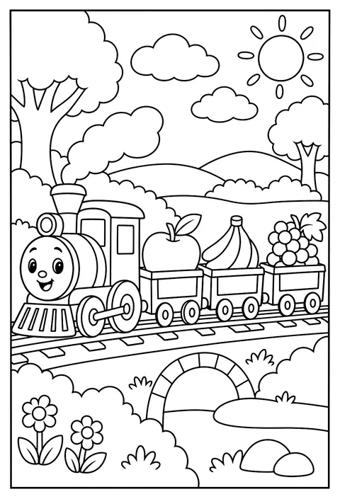 A fruit train with a different fruit in each car coloring page