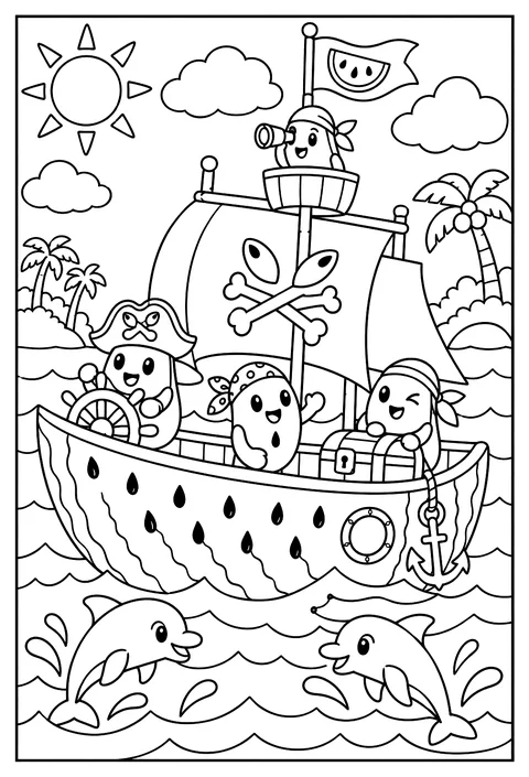 A watermelon pirate ship with a seed crew coloring page