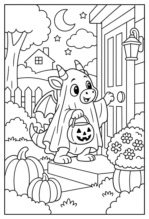 A baby dragon in a ghost costume that is just a sheet coloring page