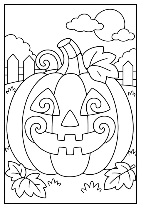 Close-up of a jack-o-lantern with a face made of swirling patterns coloring page
