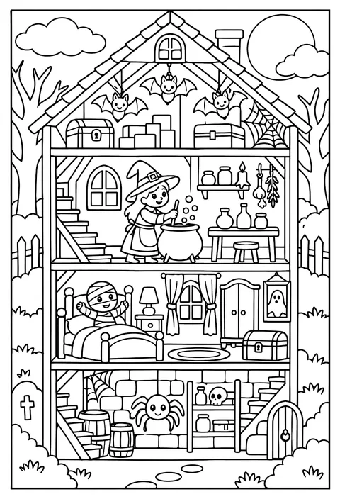 Cutaway of a haunted house coloring page