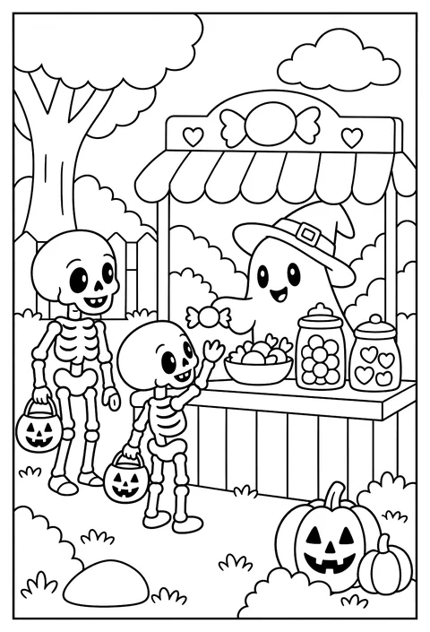 A ghost running a candy shop with skeleton customers coloring page