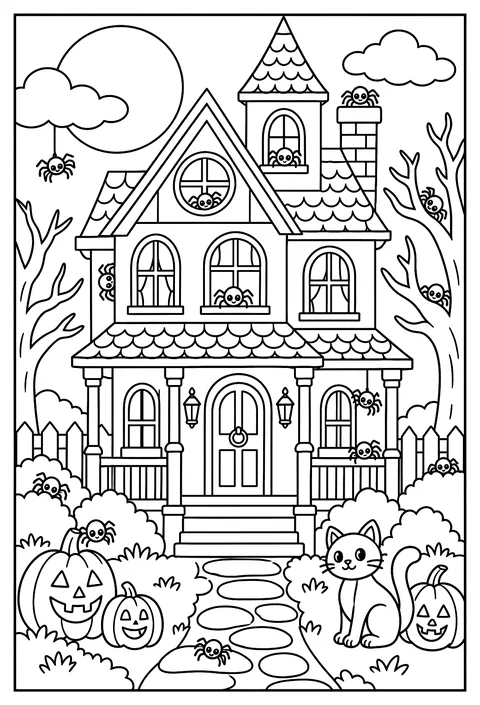 Hidden-object page: a haunted house with 12 hidden spiders coloring page
