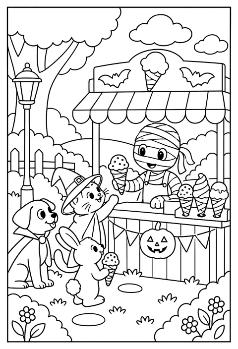 An ice-cream stand run by a mummy, cones wrapped in bandages coloring page