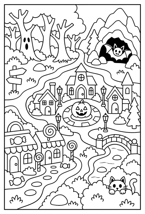 A map of Spooky Town with a haunted forest, a bat cave, a candy street and a hidden black cat coloring page