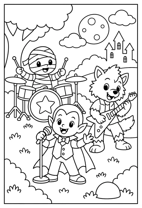 A monster band: mummy on drums, vampire singer, werewolf guitar coloring page