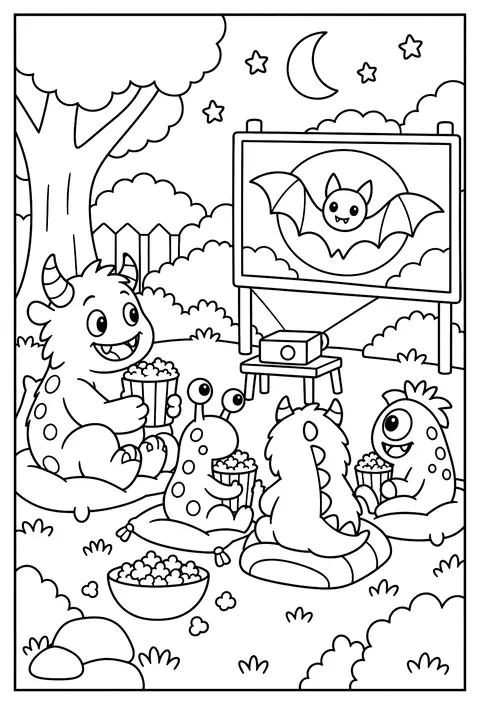 A monster movie night with popcorn and a bat screen coloring page