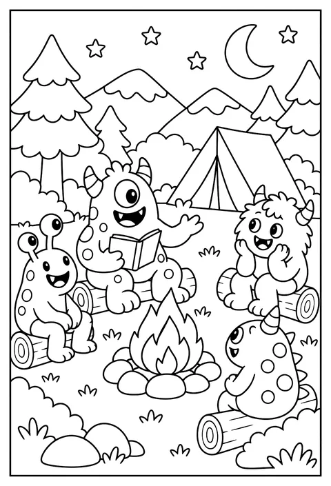 Monsters camping around a campfire telling stories coloring page