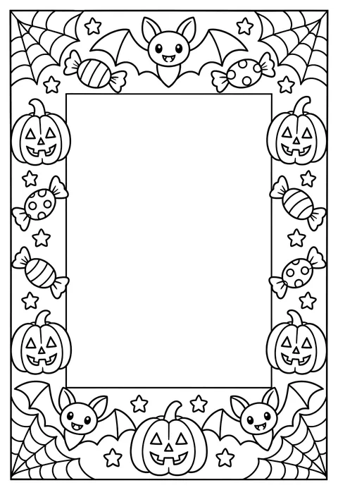 A page-border pattern of bats, candy, pumpkins and cobwebs around an empty frame coloring page