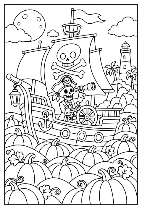 A pirate skeleton ship sailing across a pumpkin sea coloring page