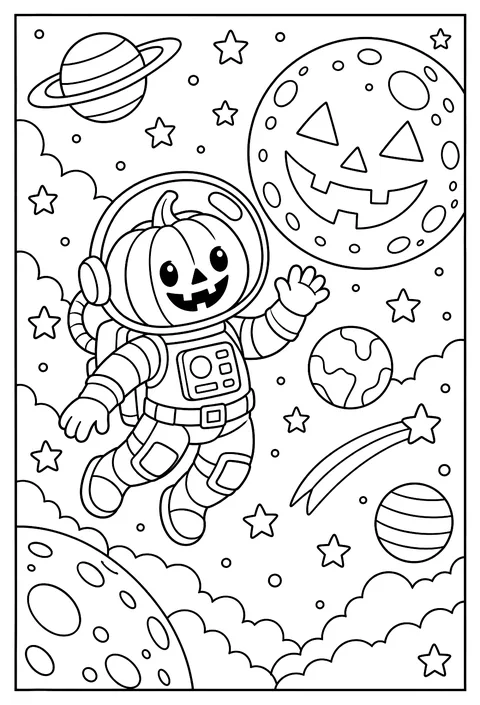 A pumpkin astronaut floating past a moon shaped like a jack-o-lantern coloring page