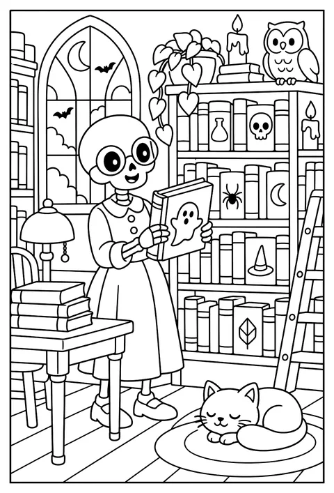 A skeleton librarian in a library full of spooky books coloring page