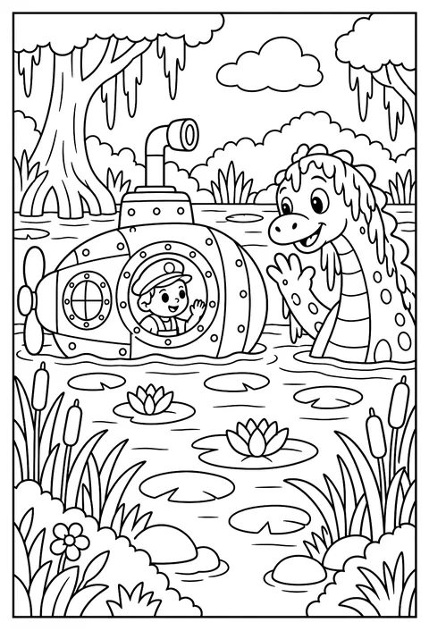 A submarine in a swamp meeting a friendly swamp monster coloring page