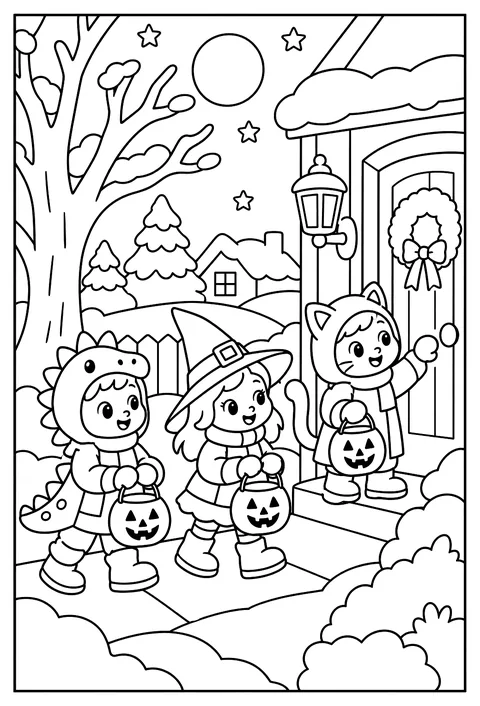 Trick-or-treaters on a snowy night in costumes over their coats coloring page