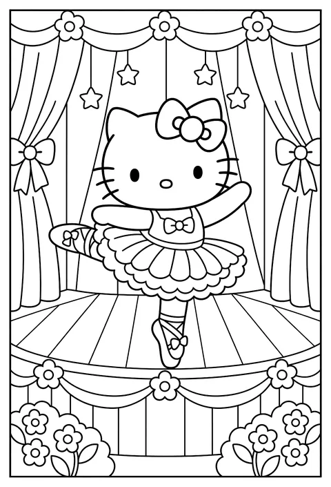 Hello Kitty as a ballerina in a tutu on a stage with curtains coloring page