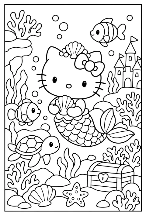 Hello Kitty as a mermaid with a shell crown in an underwater garden with fish and coral coloring page