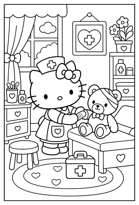 Hello Kitty as a nurse taking care of a teddy bear with a bandage coloring page