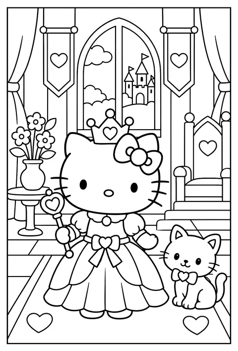 Hello Kitty as a princess in a castle with a crown and a long gown coloring page